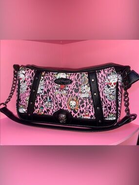 Ed Hardy Pink Tattoo-Print Shoulder Bag with Black Trim